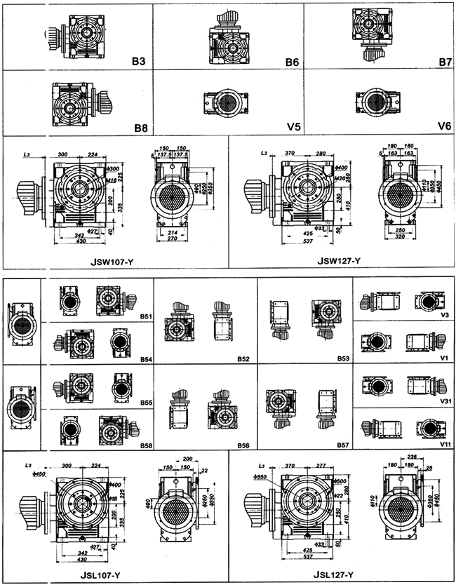 JS系列斜齒輪-蝸輪減速機安裝方位及尺寸圖表